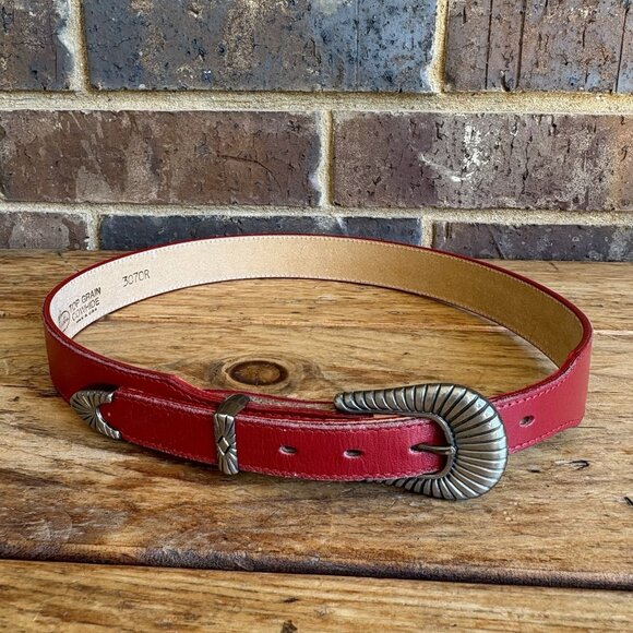 JUSTIN Red Top Grain Cowhide Leather Belt Size 28 Silver Plated Buckle - Picture 1 of 12